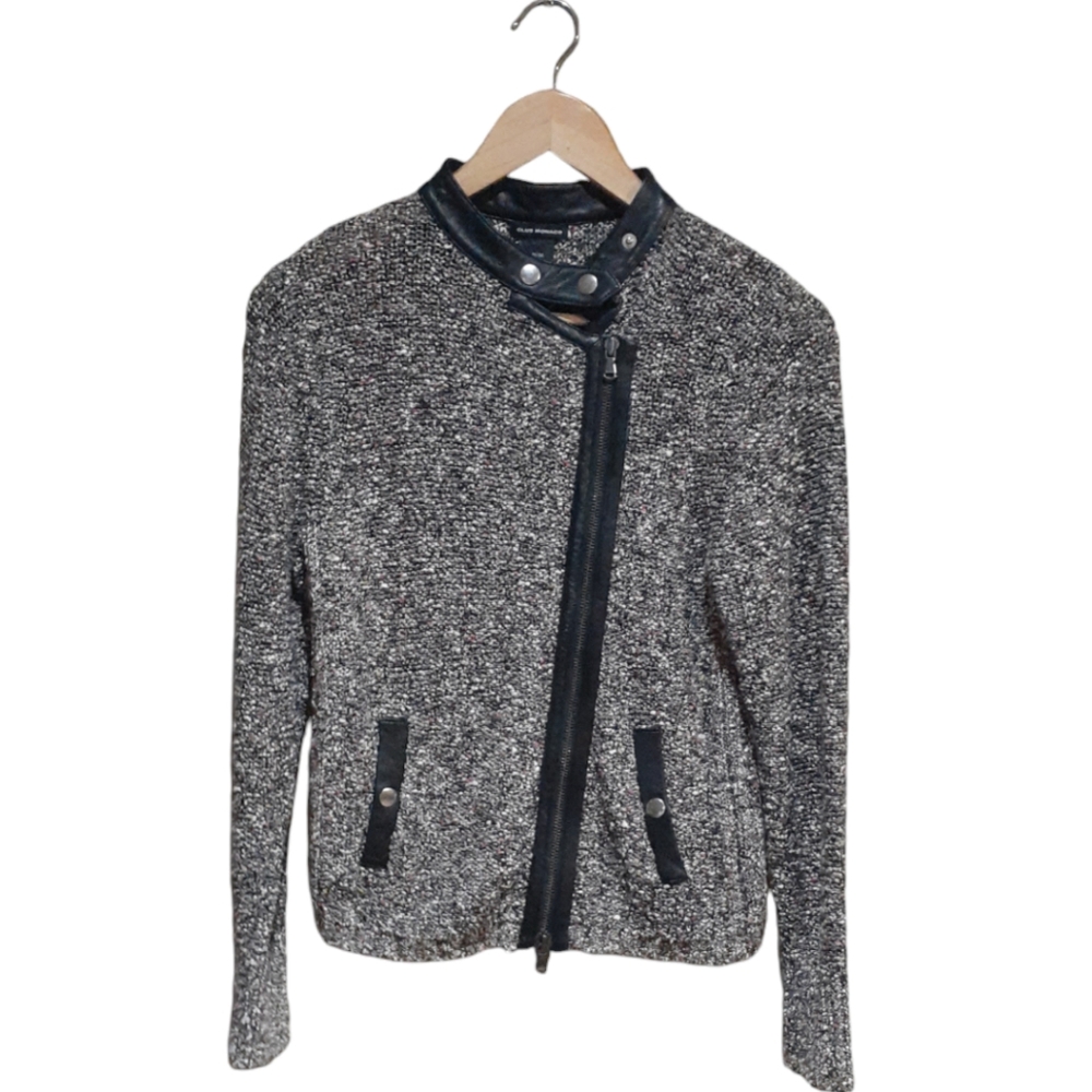 Club Monaco Women's Sweater Jacket Multicolour Boucle Knit Leather Trim Size Med